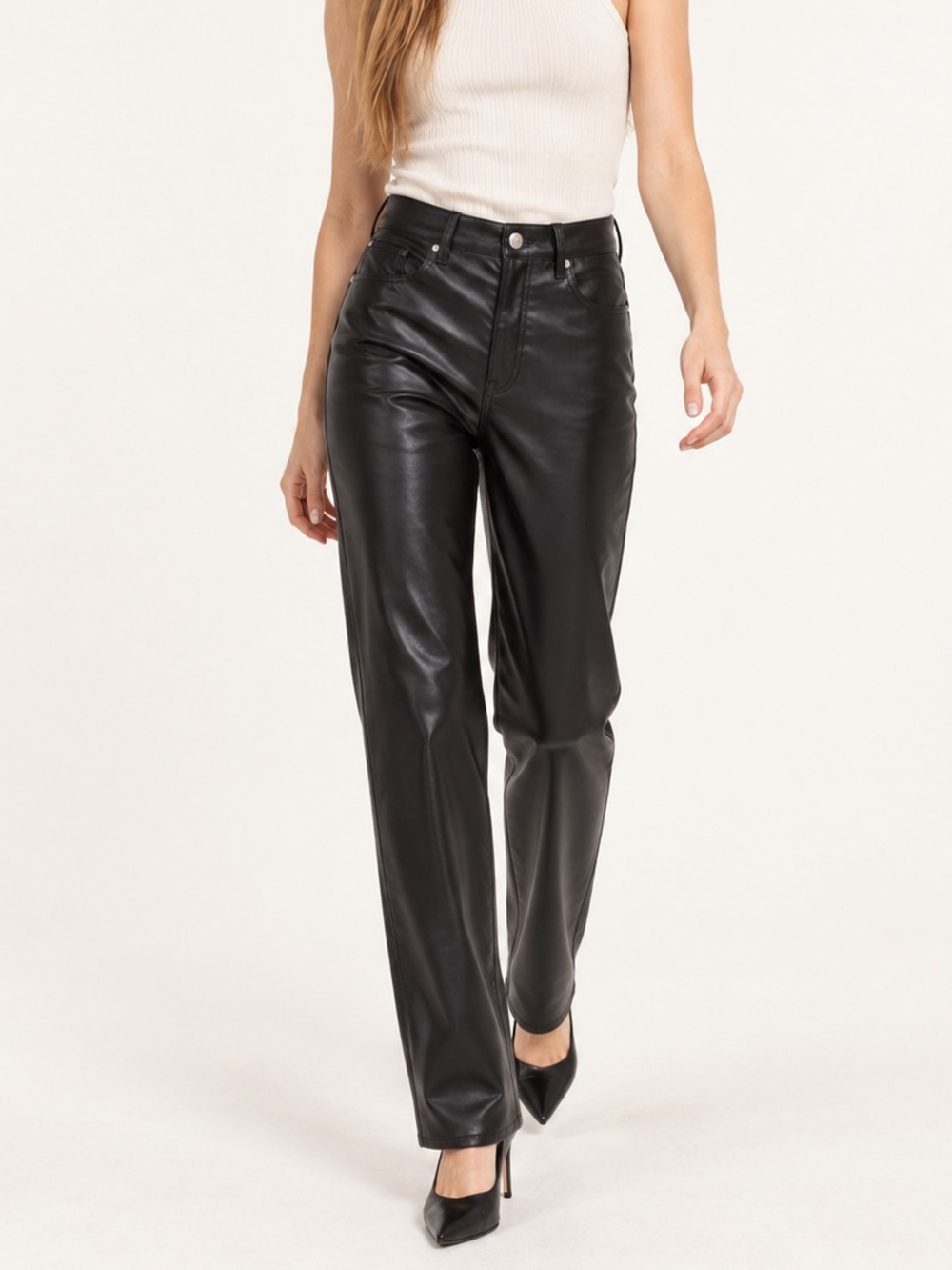 H&M Divided Black Faux Leather High Rise Straight Leg 5 Pocket Pants 6 Party